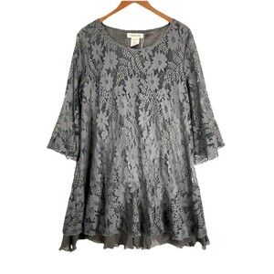 Gray Floral Lace Tunic Top XL Bell Sleeve Boho Romantic Paisley Vine